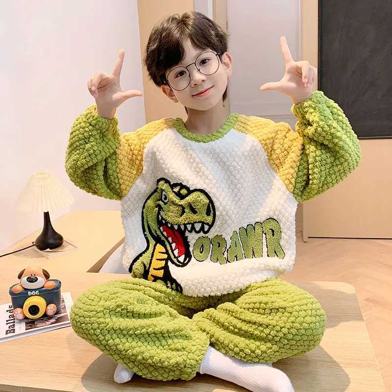 Pajamas Winter Warm Teenage Pajamas Animal Cartoon Kids Pijamas Set Coral Fleece Plush Home Clothes Suit Thicken Flannel Boys Sleepwear H241205