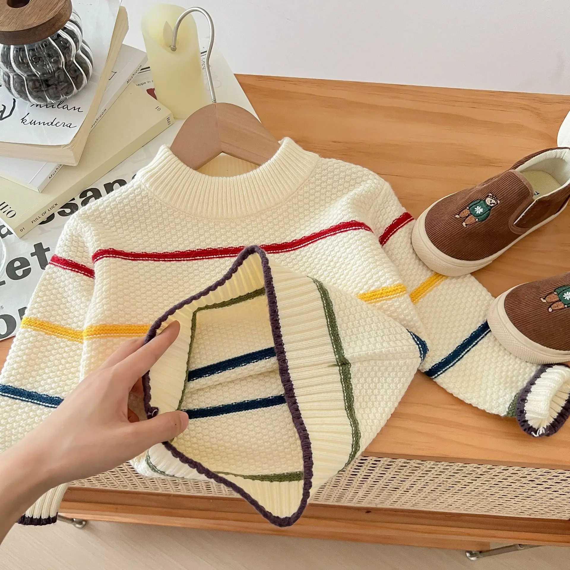 2024 Spring/Autumn Baby Boys Sweater Cotton Striped Long Sleeve Little Boys Pullover Round Neck Knitted Childrens Top W241205