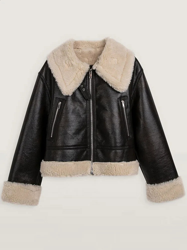 Casual Fur Pu Jacket Womens Loose Collar Zipper Long Sleeve Warm Jacket Womens Winter High Street Leather Jacket Womens 241205