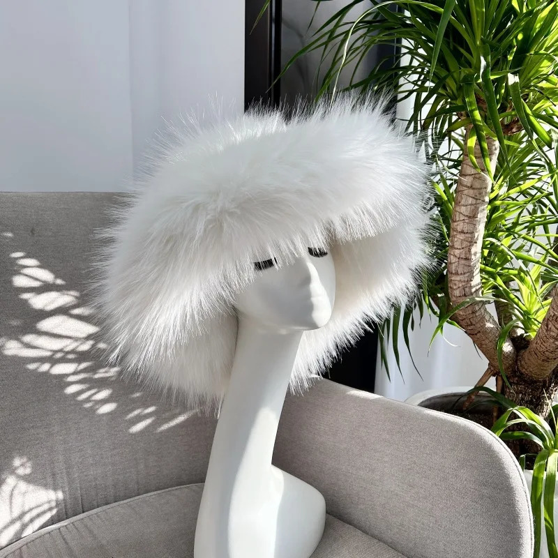 Winter Warm Fur Bucket Hat Y2k Womens Extra Large Earcups Fluffy Artificial Fur Hat Fashion Plush Hat 241205