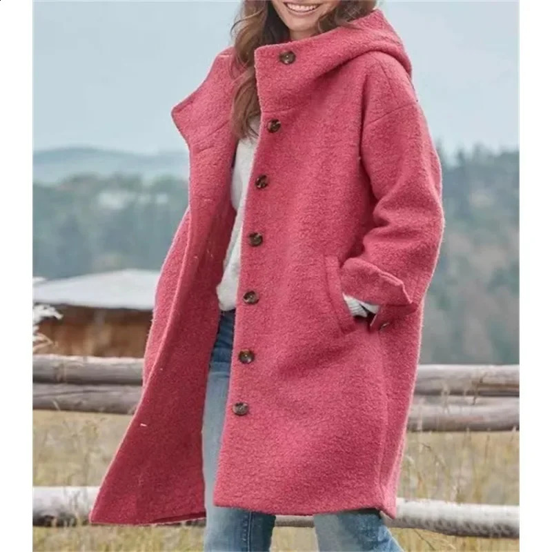 Women Long Sleeve Single Breasted Hooded Woolen Coat Solid Color Loose Cardigan Trench Autumn Winter 241205
