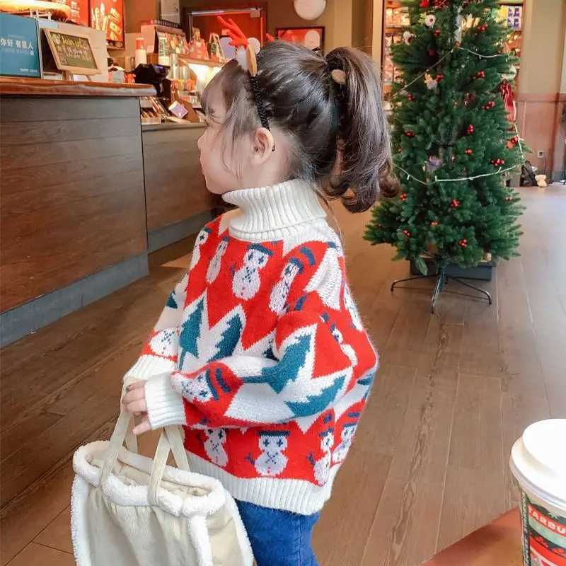 Winter Comfortable and Warm Velvet Knitted Christmas Snowman Christmas Hat Baby Girl Sweater High Collar Childrens Top W241205