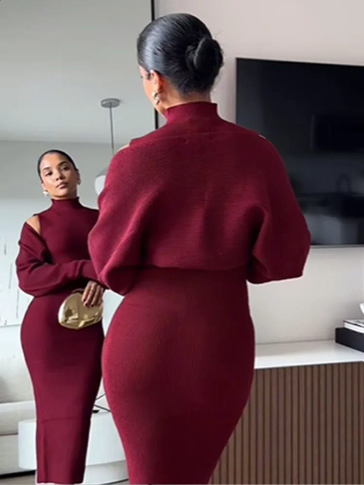 Elegant Burgundy Stand Collar Loose Sleeves Skirt Set Woman Casual Long Knit Sexy Sets 2024 Autumn Lady Fashion Party Outfit 241205