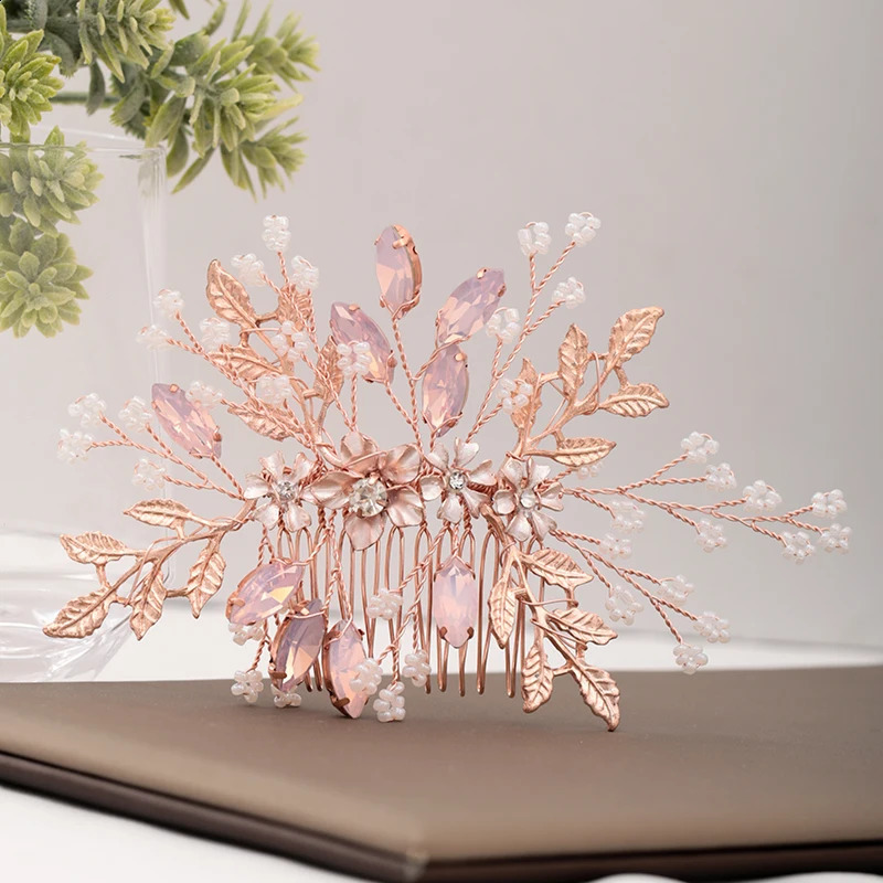 Rose Gold Wedding Hair Accessories Ladies Comb Flower Headdress Bride Hairpin Handmade Prom Tiara 241122