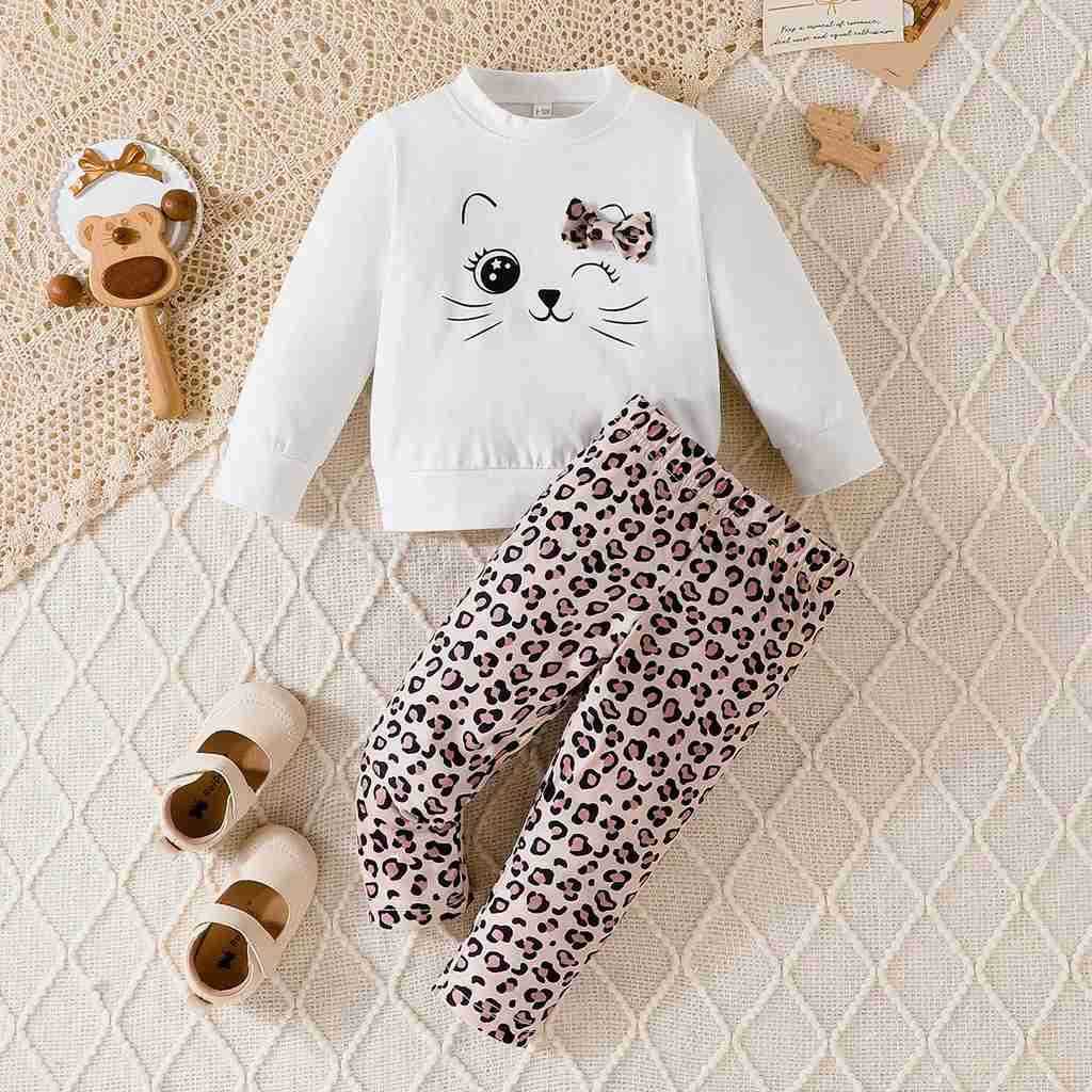 Kid Newborn Girl Cotton Cute Cat Long Sleeve tshirt and Leopard Print Pants Outfit Toddler Infant Clothing SetXJ241205