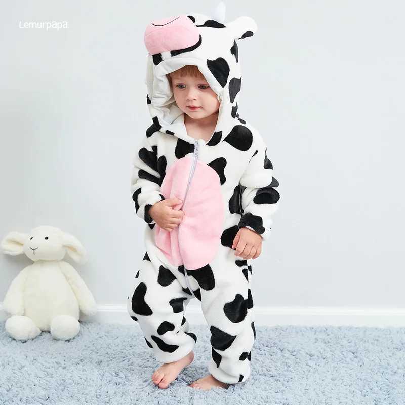 Pajamas Cow Romper Baby Warm Jumpsuit Boys Girls Winter Outfit Toddlers Halloween Animal Suit Funny Onesie Festival Party Bebe Clothes H241205