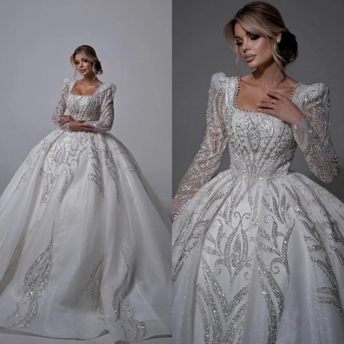 Pearls Beads Wedding Dress With Train Square Neck Puff Sleeve Bridal Gown Customized Organza Dresses For Bride vestidos de novia