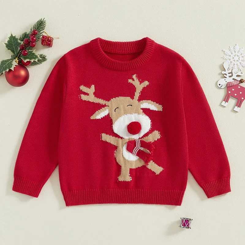 Baby boys and girls Christmas sweater casual long sleeved O-neck reindeer print knitted latte casual top childrens winter clothing W241205