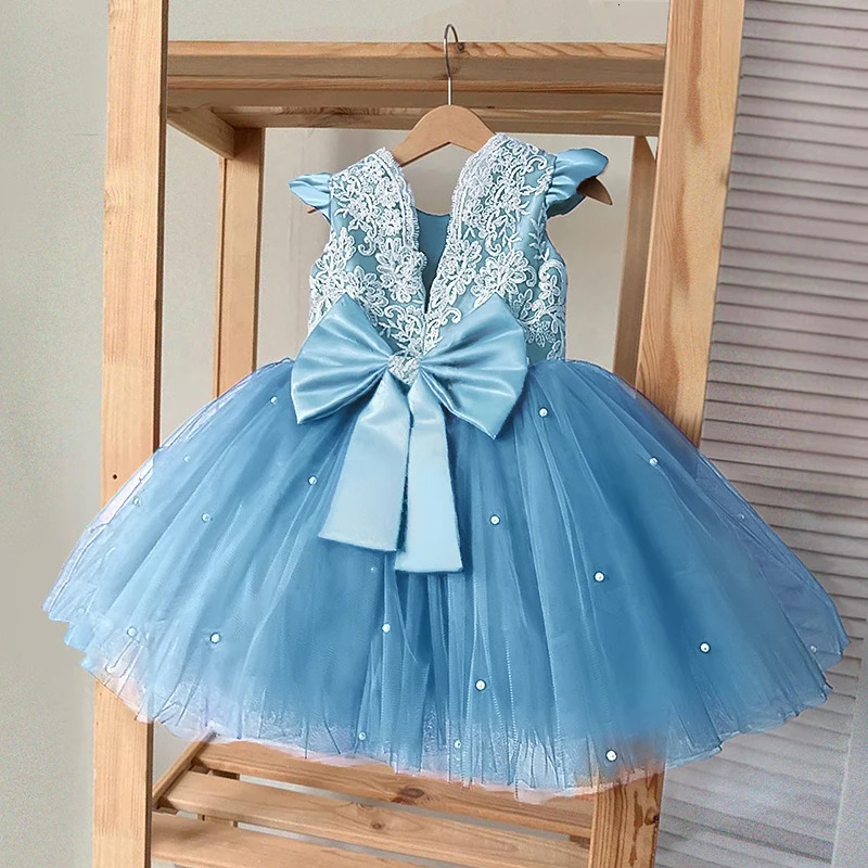 Cute Baby Dress Embroidery Lace Flower Princess Gown For 1st Birthday Party born Babi Blue Bead Prom Tulle Clothes R250424