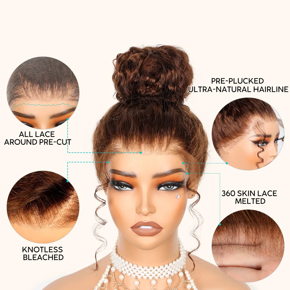 250 Density Invisible Strap Deep 360 Front Human Hair Water Wave Chocolate Brown Lace Frontal Glueless Wig