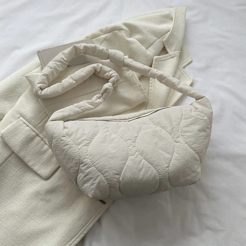 Female Puffer Shoulder Bag Soft Pillow Shopper Ruched Messenger Padded Tote Handbag Winter Checkered ner Purses 241204