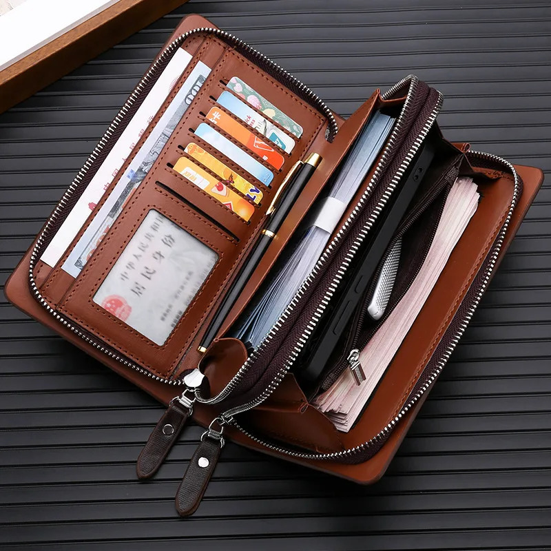 KANGAROO Men Clutch Bag Fashion Leather Long Purse Double Zipper Business Wallet Black Brown Male Casual Handy 241204