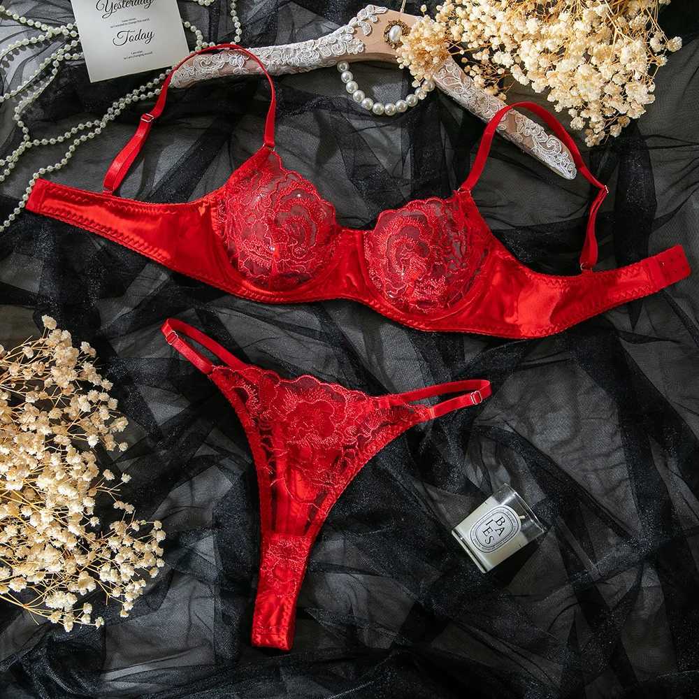 Embroidery Lingerie Set Women 2-Piece Bra + Panty Underwear Set Red Valentines Day IntimatesXJ241205