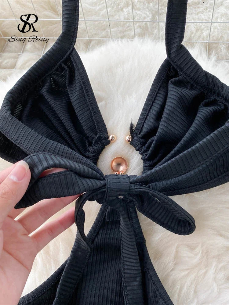 SINGREINY Sensual Camis Female Dress French Sleeveless Lace Up Sheath Dress Women Slim Short Halter Backless Sexy Dress 241205