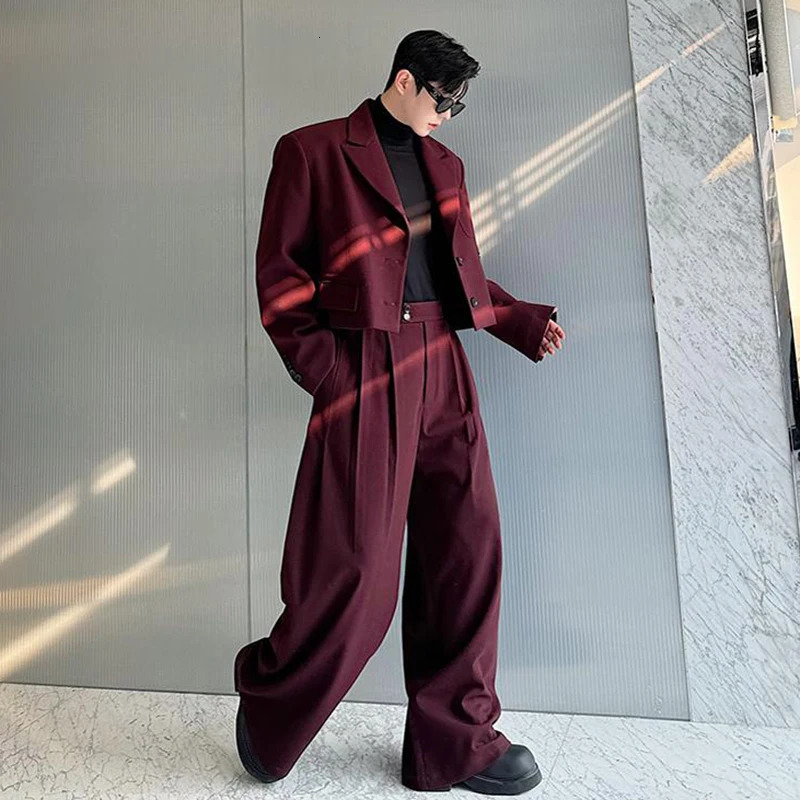 FEWQ Mens Twopiece Lapel Niche n Solid Color Single Breasted Blazer Pleated Straight Wide Leg Male Suit Pants 9C8389 241204