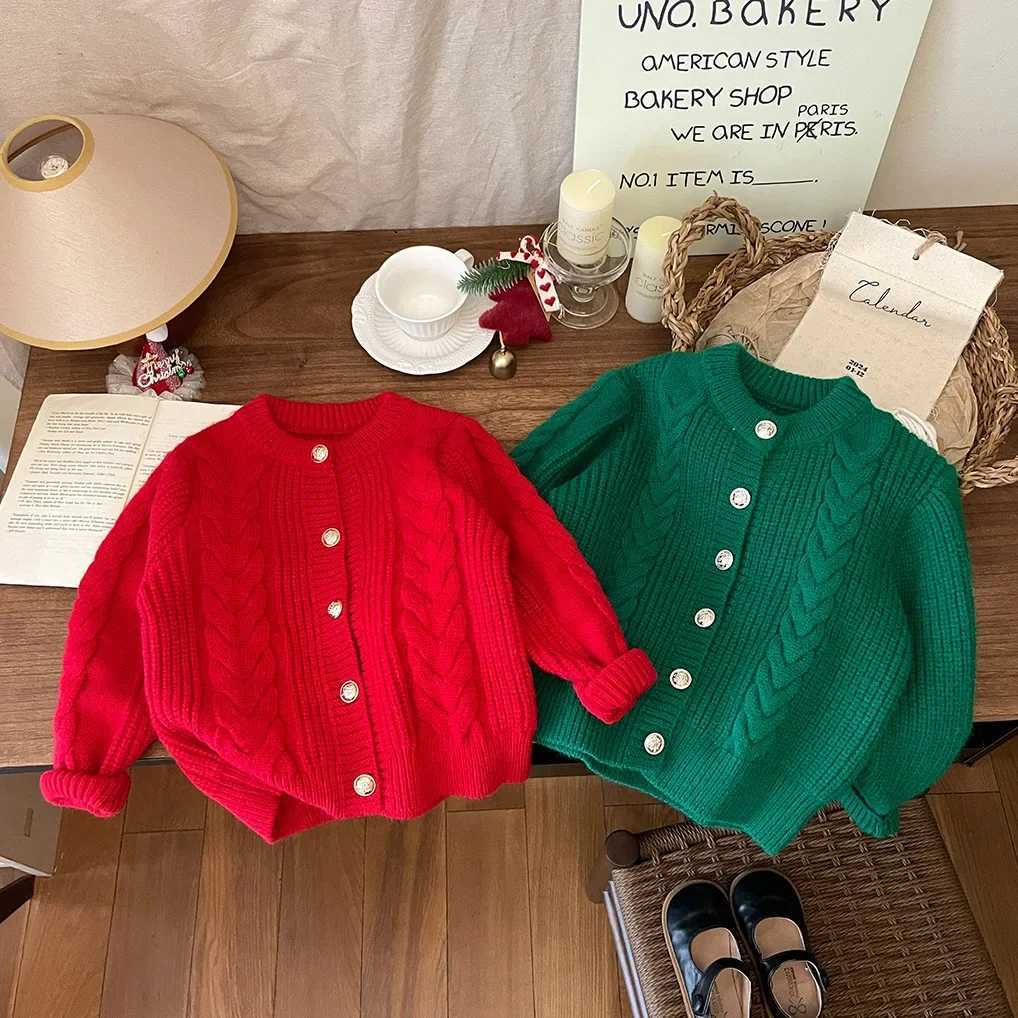 Childrens clothing South Korea 2024 new baby autumn winter clothing girls red and green cardigans wool sweater thick sweater trend W241205