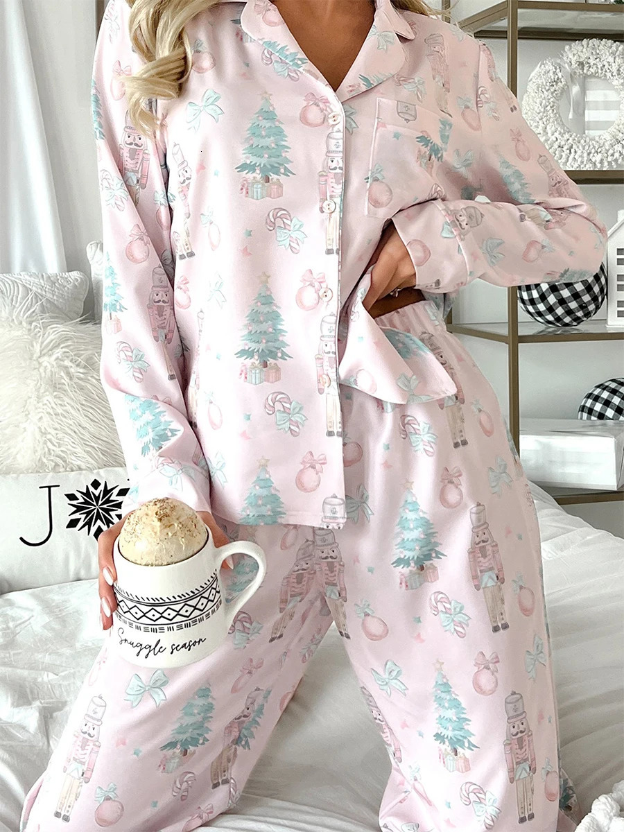 Womens Christmas Pajama Set Long Sleeve Pajama Lounge Holiday Christmas Print Two Piece Pajama Set 241204