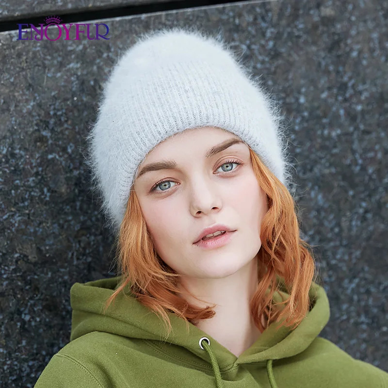 Enjoy womens winter hat warm long rabbit fur womens hat fashionable solid color wide cuffs young style 241205