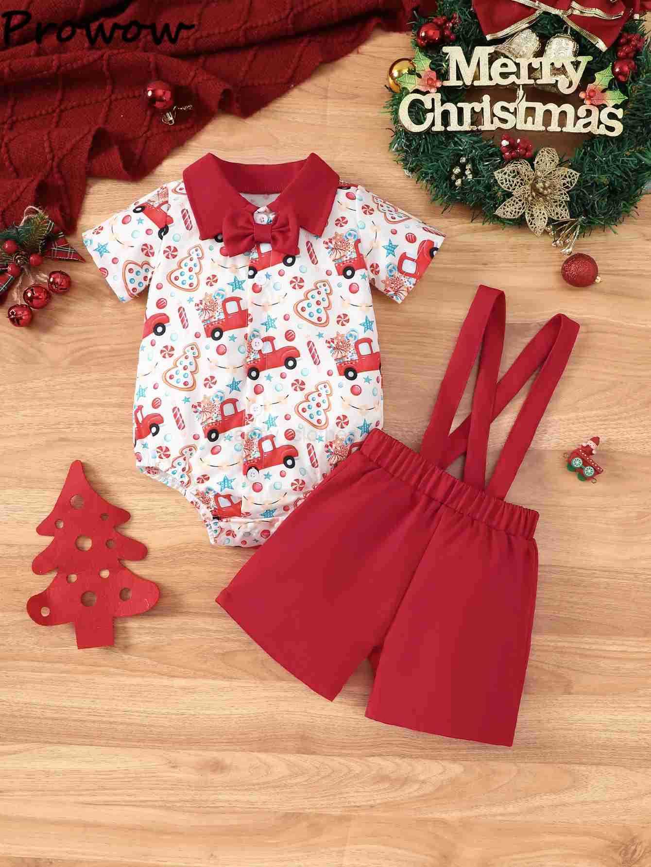 Pro Baby Boys Christmas Outfits Xmas Print Necktie Shirts Romper+Suspender Pants Newborn Christmas Sets New Year Baby CostumeXJ241205