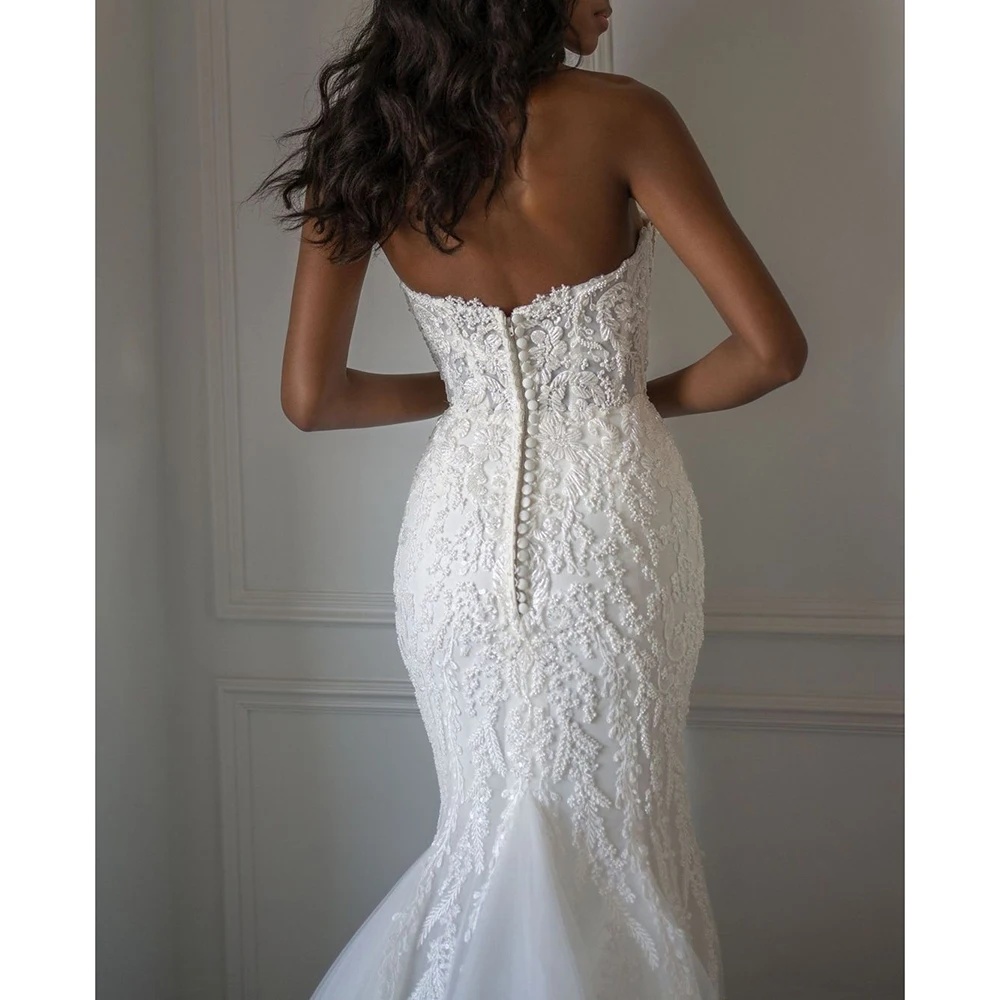 Classic Mermaid Wedding Dresses Appliques Strapless Bride Gowns Sleeveless Backless Button Customize Bridal Dress Sweep Train Vestido De Novia 0218