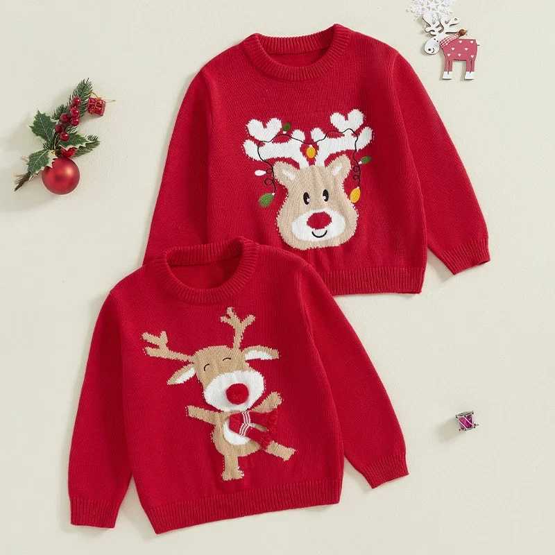 Baby boys and girls Christmas sweater casual long sleeved O-neck reindeer print knitted latte casual top childrens winter clothing W241205