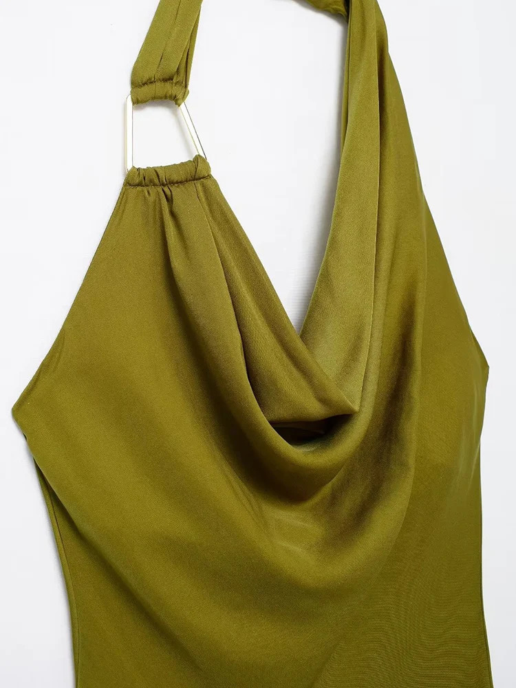 TRAF Summer Women Solid Halter Midi Dress Elegant Backless Pile Collar Sleeveless Party Dress Sexy Ladies Beach Style Dress 241205