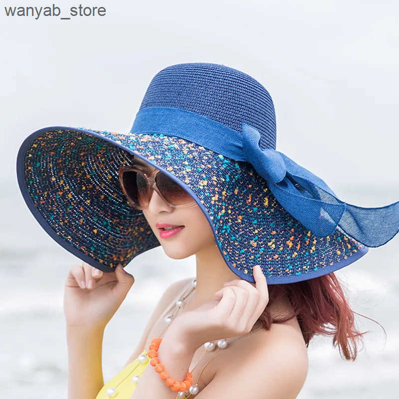 Cloches Womens Summer Beach Tourist Straw Hat Korean Seaside Big Hat Brim Sunblock Sunhade Holiday Folding Fashion Cool Hat L240910