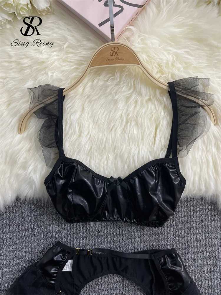 SINGREINY American Erotic Underwear Three Pieces Sets Ladies 2024 Y2K Sensual Garter Hollow Out Leather Sexy Lingerie SuitsXJ241205