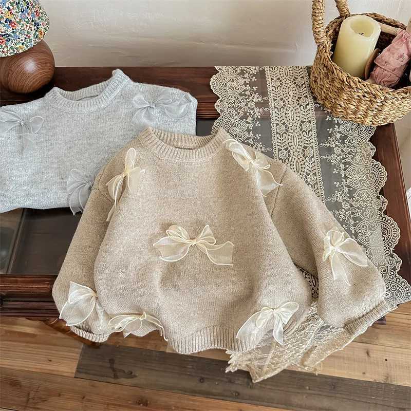 South Korean Slee Childrens Clothing Autumn New Girl Baby Solid Bow Sweater Winter Fashion Sweet Childrens Princess Knitted Sweater W241205