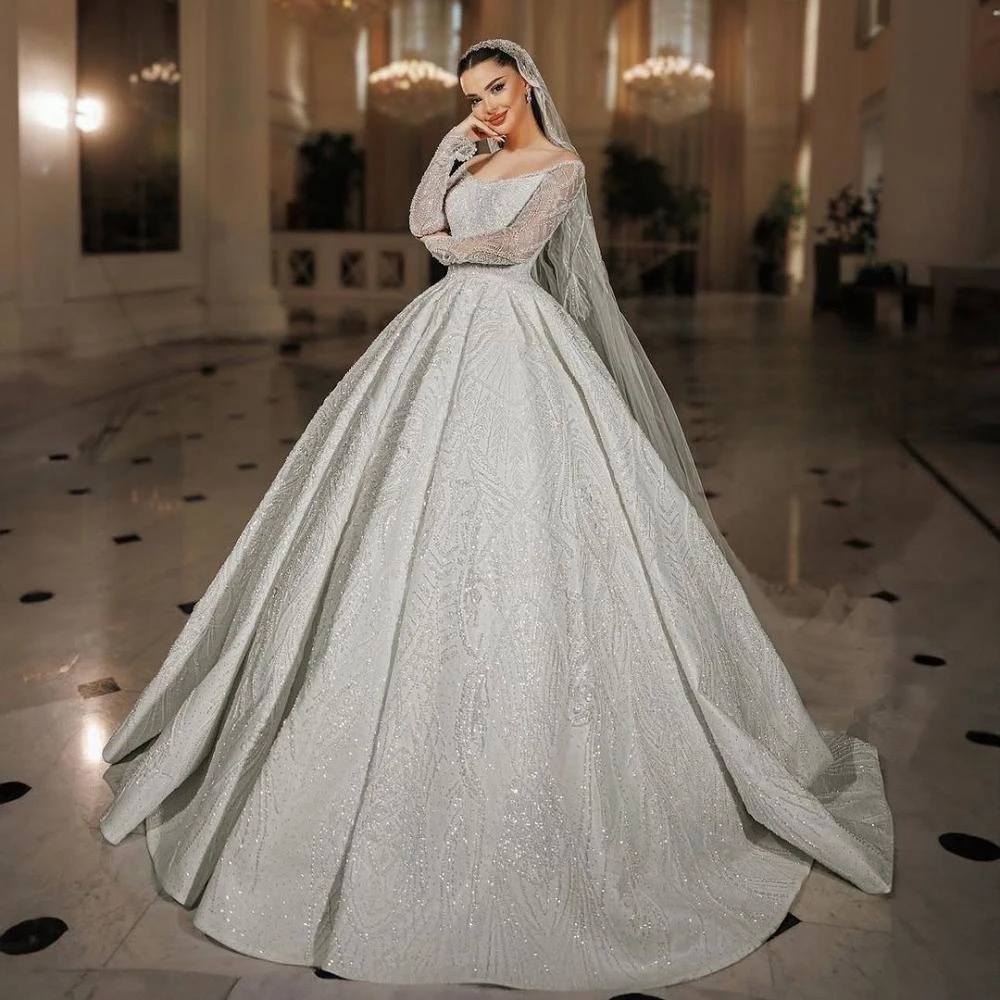 Sparkly Beaded Wedding Dress With Train Strapless Long Sleeve Bridal Gown Customized Ball Gowns Dresses For Bride vestidos de novia
