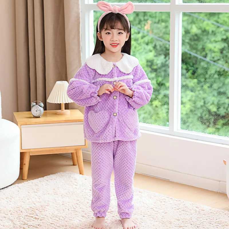 Pajamas 2Pcs/set childrens winter padded and thickened warm pajamas solid color cardigan girls homewear facecloth long-sleeved long pan H241205
