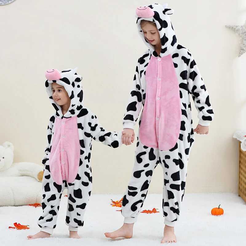 Pajamas Kids Onesies Animal Flannel Pajamas for Children Girl Kigurumi One-piece Milk Cow Pyjama Halloween Cosplay Costume Winter Outfit H241205