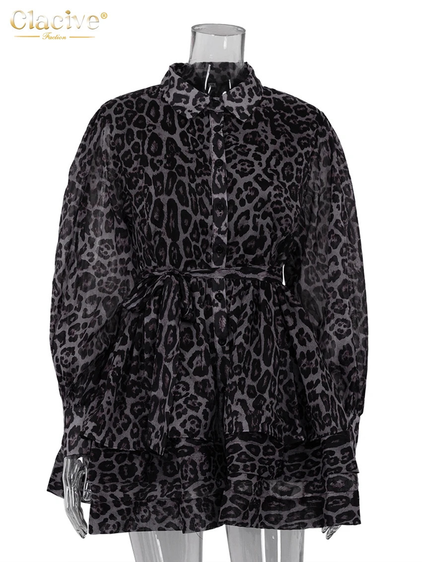 Clacive Fashion Leopard Print WomenS Dress 2024 Vintage Lapel Long Sleeve Mini Dresses Elegant High Waist Pleated Female Dress 241204