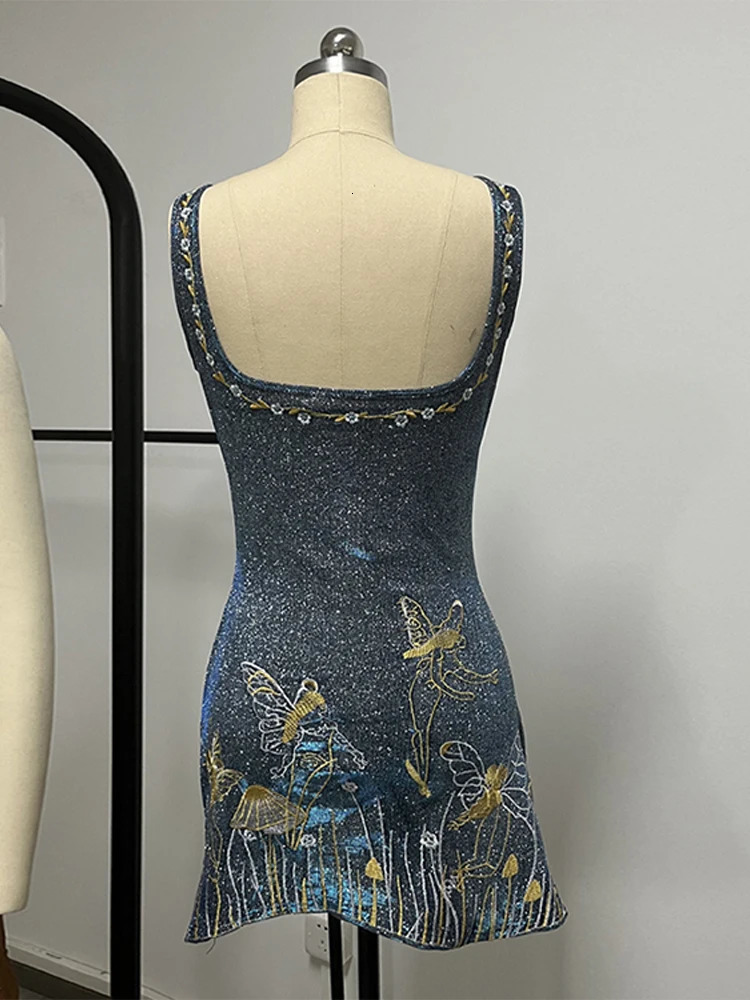 Glitter Applique Party Dress Women Halter Side Split A-line Mini Evening Dresses Female 2024 Autumn Slim Hip Package Lady Robes 241204