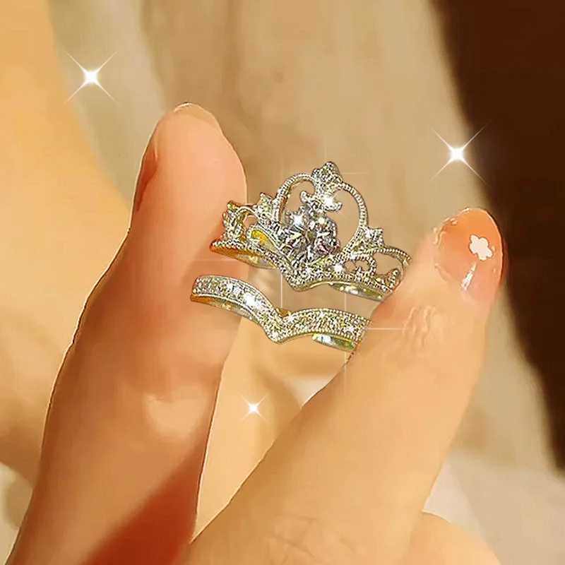 LATS 2PCS Crystal Crown Adjustable Ring Irregular Geometry Retro Ring Set Womens New Fashion Jewelry W241205