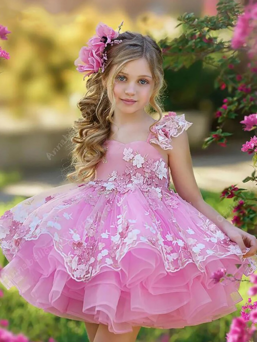 Elegant Flower Girl Dresses for Weddings Lace Applique Puffy Princess Kids Little Bride Evening Party First Communion Ball Gowns