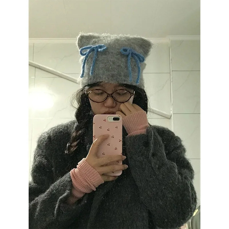 Mohair Double Bow Cute Knitted Hat for Womens Autumn and Winter Handmade Warm Ear Protection Cat Ear Skull Bean Hat from South Korea 241205