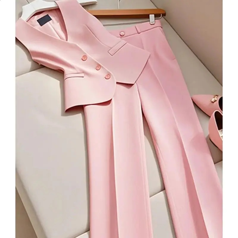 Fashion Office Lady Suit Womens VNeck Single Breasted Blazer Vest High Waist Wide Leg Pants 2Piece Set Formal Outfits 268P 241205