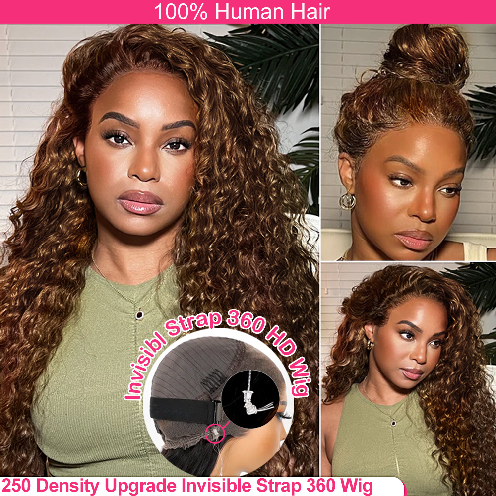 250 Density Invisible Strap Deep 360 Front Human Hair Water Wave Chocolate Brown Lace Frontal Glueless Wig
