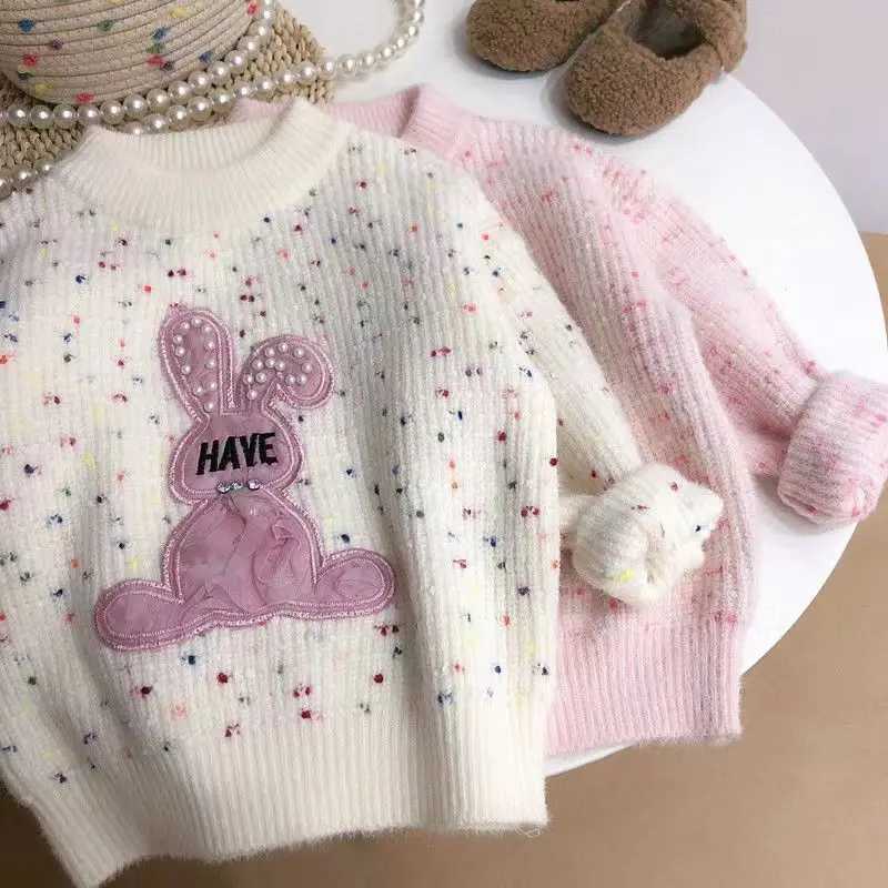 2024 Girls Latest Pink Rabbit Childrens Fashion Cute Sweater Bead Rabbit Girl Sweater Girl Knitwear W241205