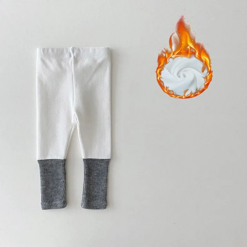Autumn Winter Boy Girl Children Ribbed Fleece Warm Leggings Baby Cotton Splicing Casual Pants Fashion Infant Plus Velvet Trouser 241204