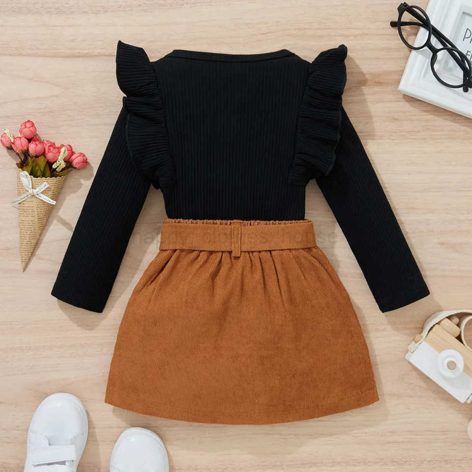 LAPA Cute Fashion Girls Skirt Suit Two-piece Set Baby Girls Solid Ruffle Long Sleeve Top+Corduroy Skirt Autumn New Kids SuitXJ241205
