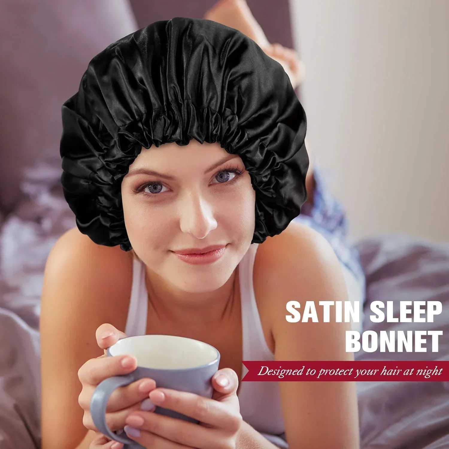 Fashionable Bonnet Solid Color Silky Satin Fabric Elastic Button Double Layer Sleep Hair Hat Womens Aily Home Casual Sleep HatXJ241205