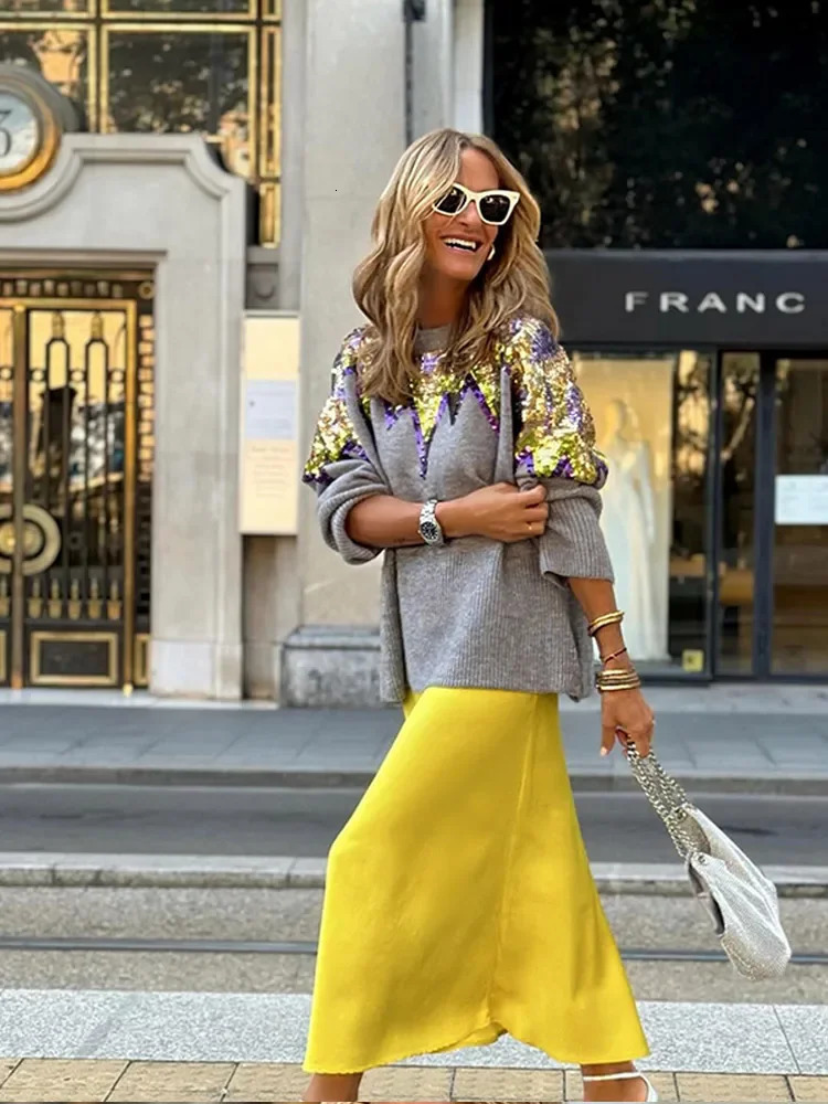 Fashion Round Neck Long Sleeved Womens Pullover Sequined Knitted Loose Contrasting Sweater 2024 Female Fall Streetwear 241204