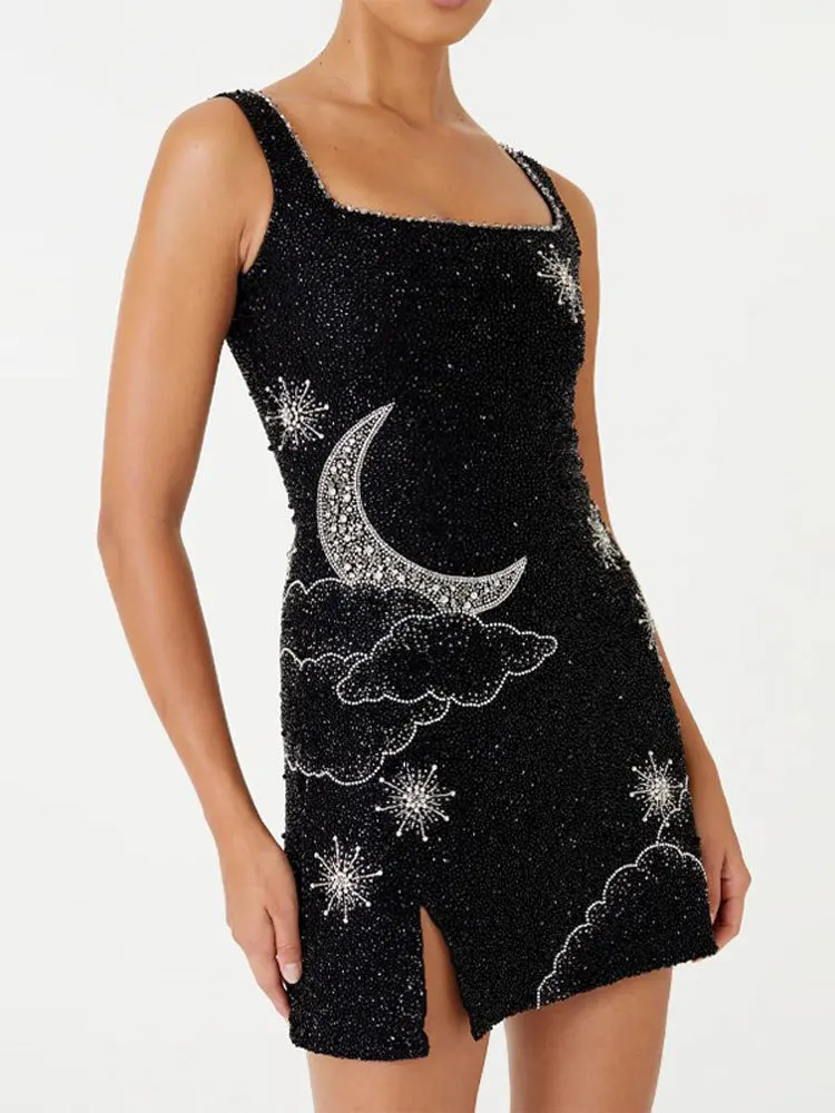 Women Fashion Sequins Printed Suspender Mini Dress Sexy Shiny Sleeveless A-line Vestidos Female Elegant Party Club Evening Robe 241204
