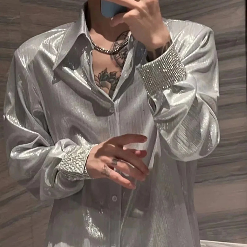 Spring and Autumn Solid Color Fashion Long Sleeve Mens Long Sleeve Shirt Mens Street Casual Button Open Mens Diamond Top 241204
