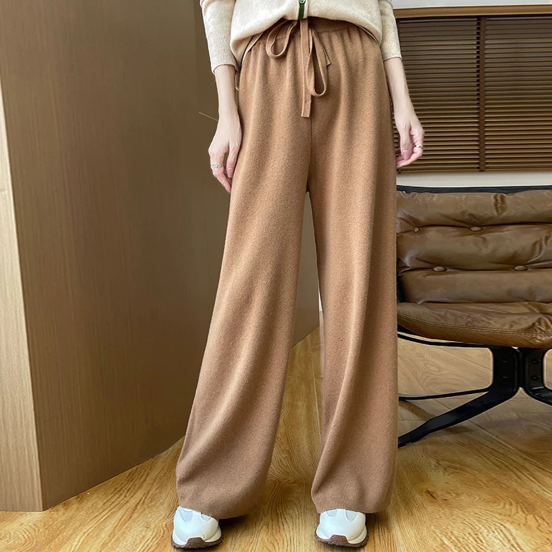 Womens straight leg wool pants with elastic waistband solid color Snd loose casual pants 100% Merino wool pure cotton knitted pants 241202