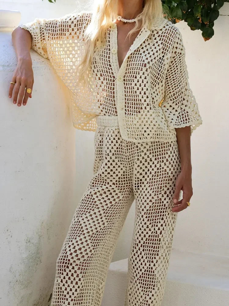 2025 Womens Solid Color Knit Plaid Sexy Hollow Out Beach Bikini Outer Set Beach Holiday Casual Knit Pants 2-Piece Set A3141 241204