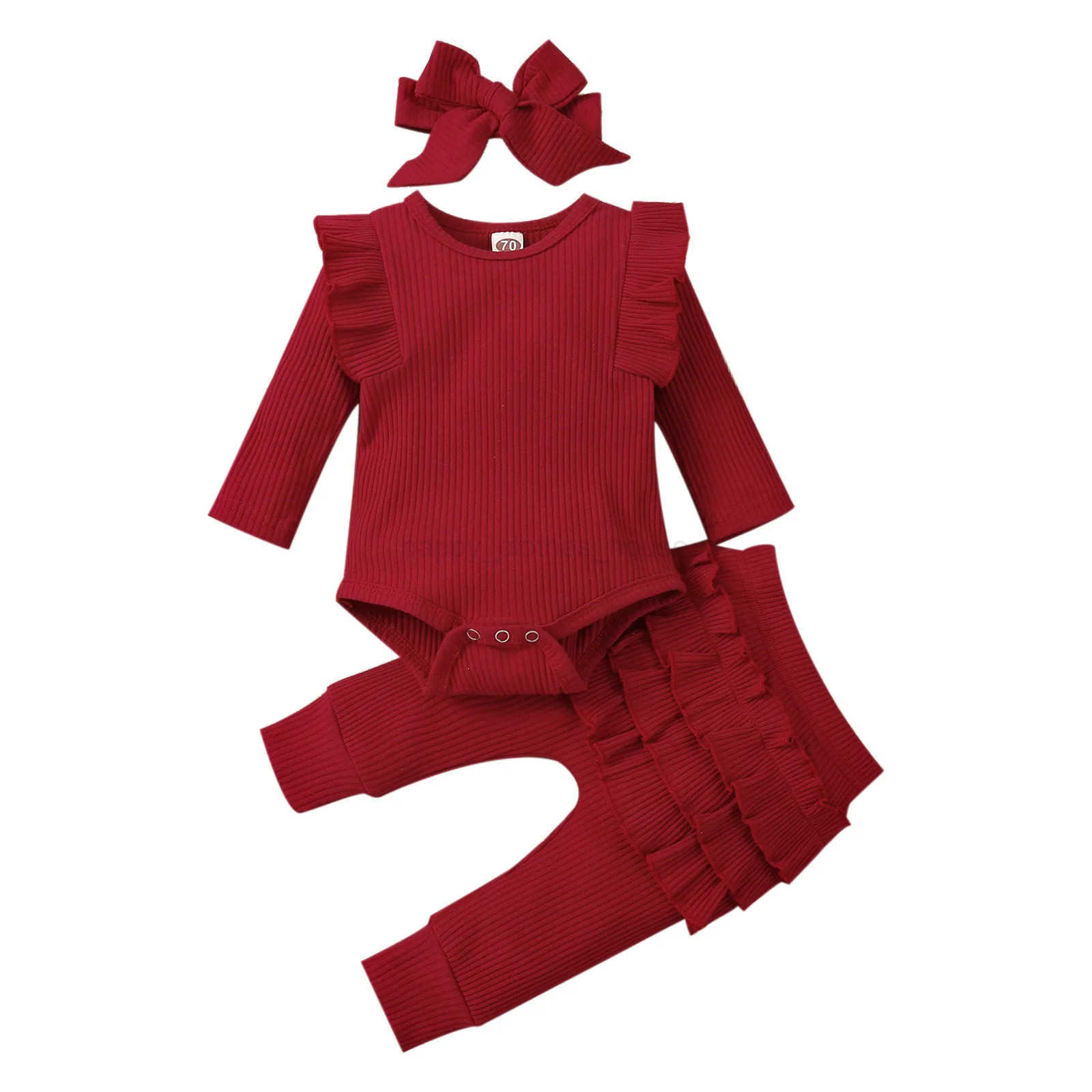 New Autumn and Winter Baby Sle Flying Sleeves with Heart Printed Sweet and Cute Three Piece Set Paired with Bow HeadbandXJ241205
