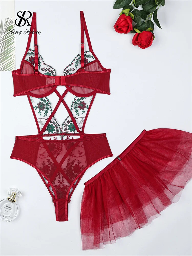 SINGREINY Hollow Out Sheer Camis Sexy Bodysuits Female Gauze Spliced Short Playsuits Women Fashion Embroidery Erotic Rompers 241205